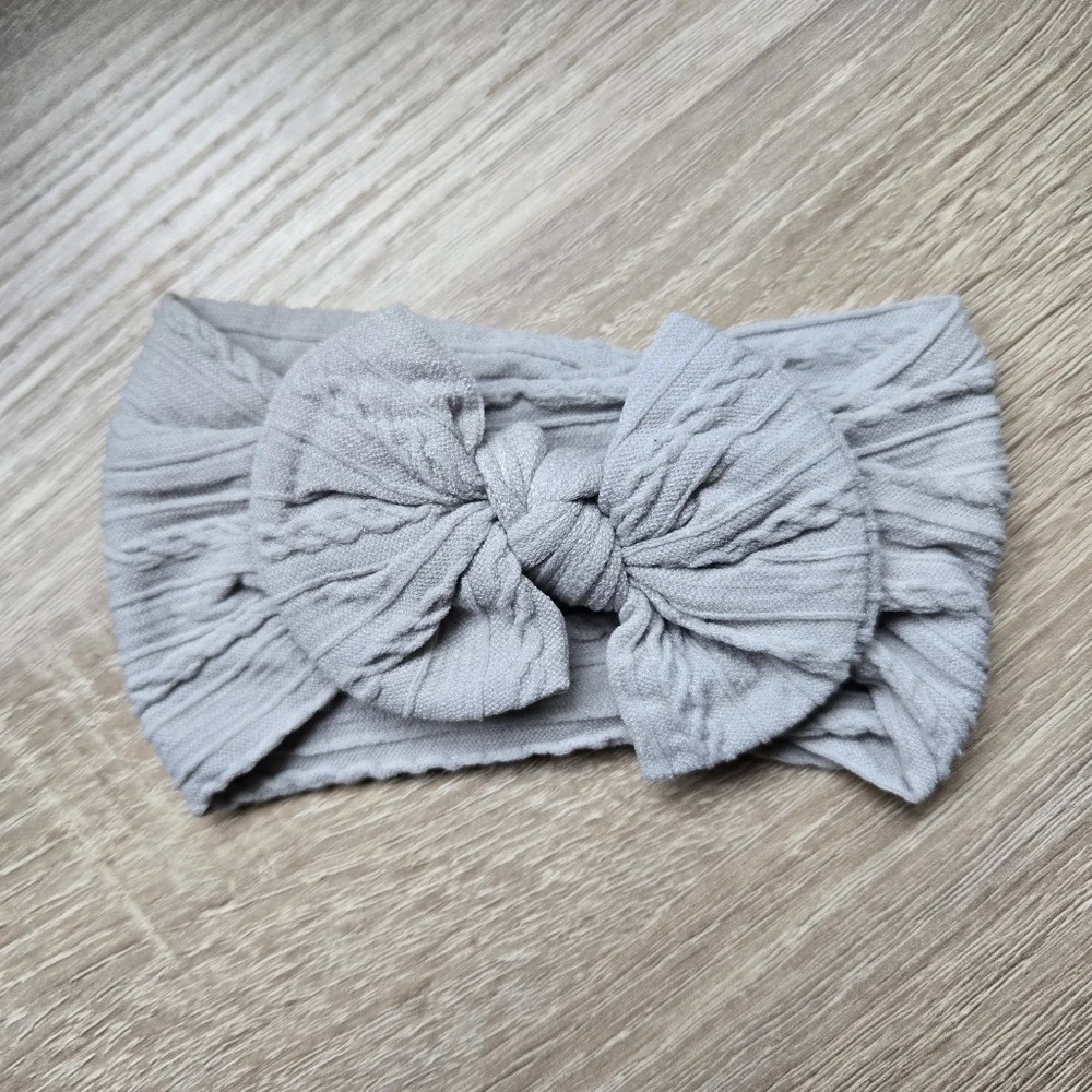 Cable Knit Baby Girl Headband Large Bow Light Gray Elastic Newborn Head Wrap